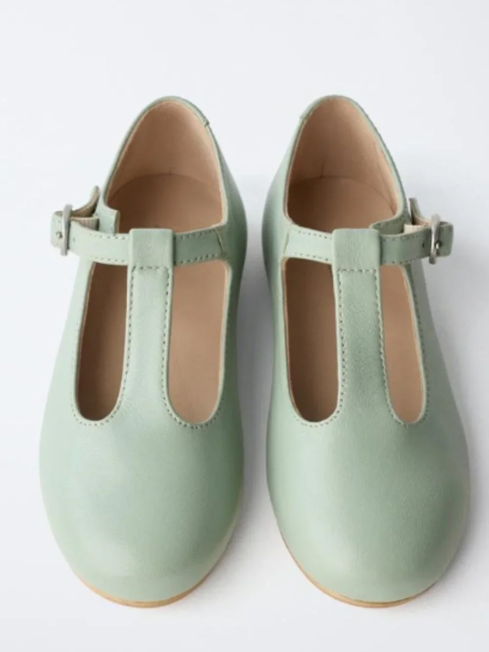 Zara Toddler Girl Leather T Strap Ballet Flats Sheepskin Rubber Sole Green Sz 22
